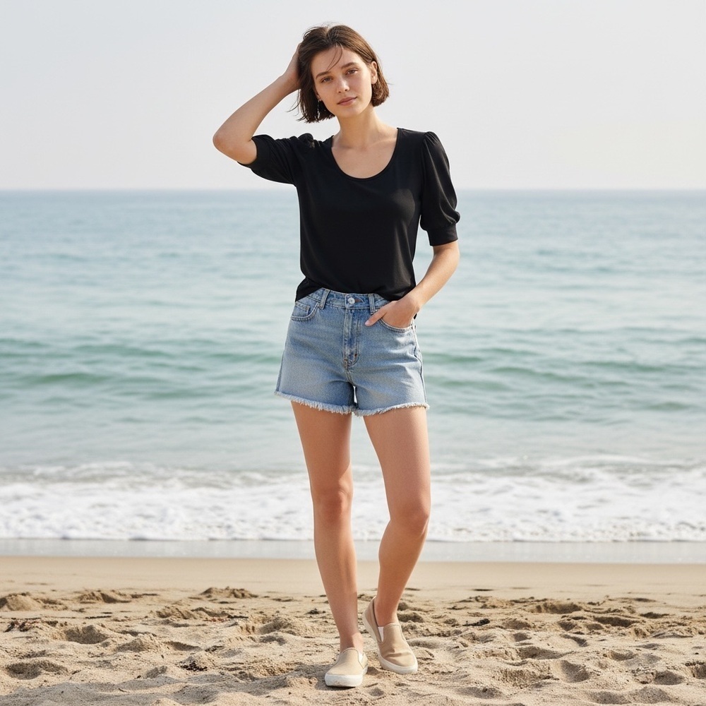 Frame Puff Sleeve Viscose Black T-Shirt Size S